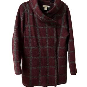 Ellen Tracy Women's Cowl Neck Plaid Sweater Jacket - Burgundy and Gray 1X